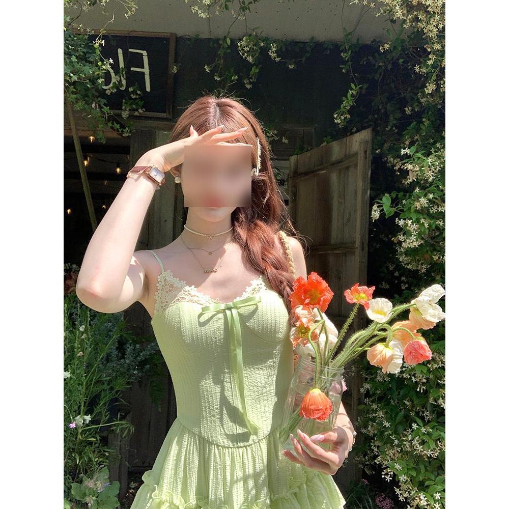 Summer New Waist Thin Cake Skirt Long Skirt Temperament Vacation Style Green Dress Women's Casual Style
