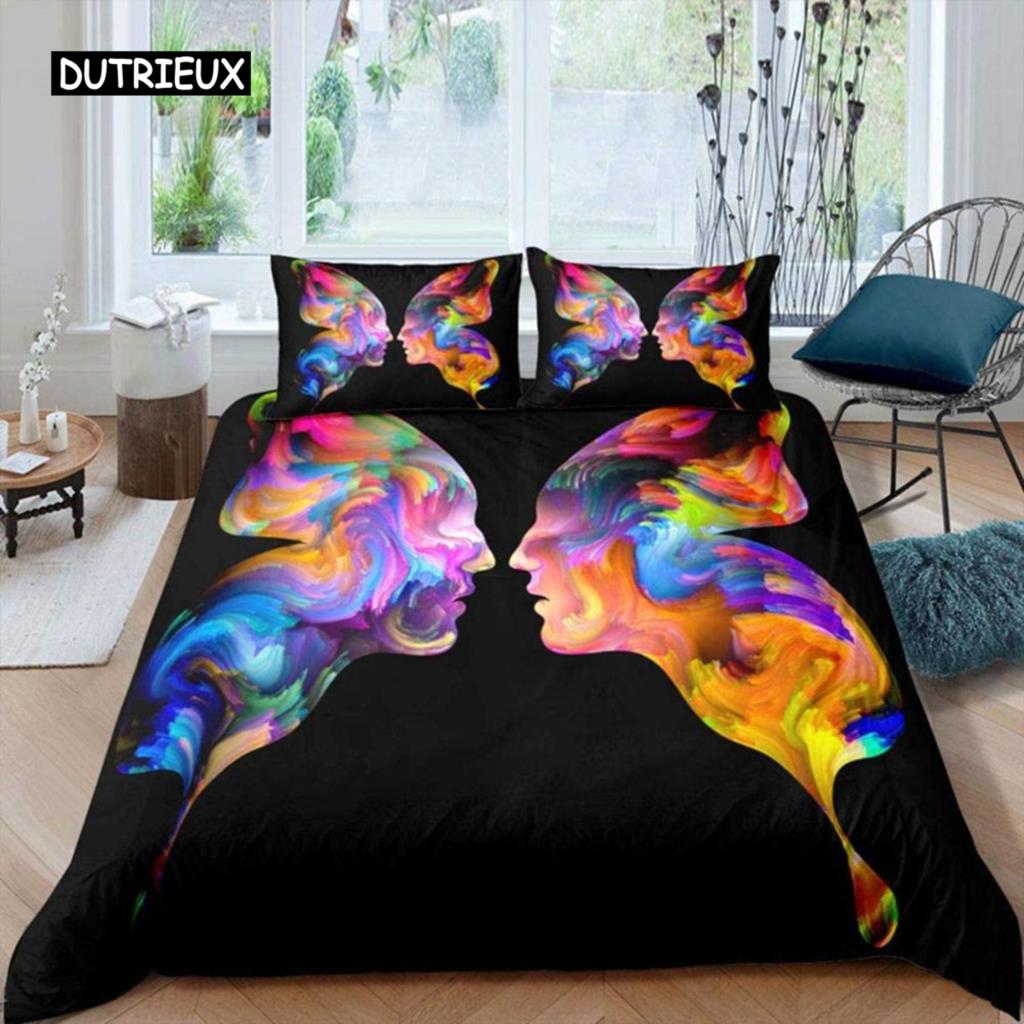 Abstrakte menschliche Gesichter Bettbezug Twin Full King Double Mikrofaser Mystische Kunstwerk Bettbezug Psychedelische Graffiti Bettwäscheset