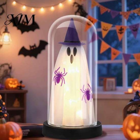 Reusable Festive Ornament Indoor Light Up Ghost In Dome Cloche, Halloween Cute Witch Decorative Spooky Desktop Table Lamp with LED for Home