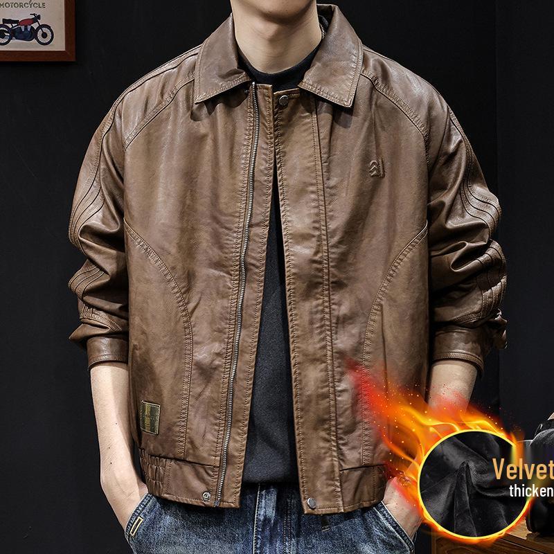 Herren Hochwertige Amerikanische Retro Leder Motorradjacke - Herbst/Winter 2025, Kurz, Mit Samt gefüttert, Große Größen, Trendige Marke