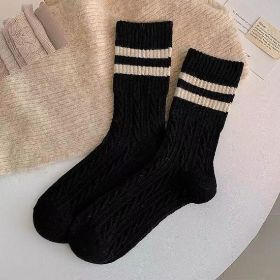 1 Pair Women Socks Ribbed Cuffs Twist Textures Sweat-absorbent Elastic Socks Autumn Winter Mid-tube Thick Warm Socks