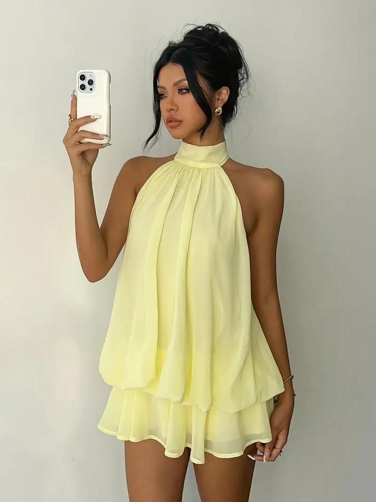 Women's Halter Neck Backless Mini Dress Sleeveless Layered Ruffle A Line Solid Color Summer Vacation Dress