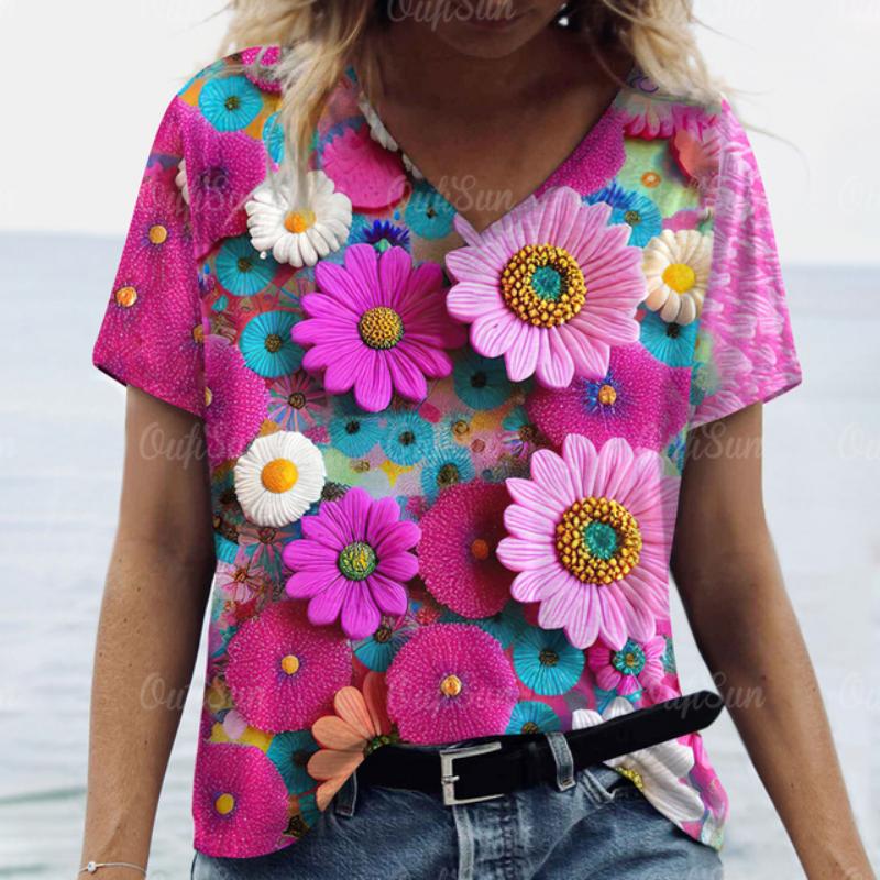 2025 Women T shirt Summer 3D Floral T-Shirt Plus Size Women's Clothing Oversized Designer Short Sleeve Shirt Women V Neck Blouse