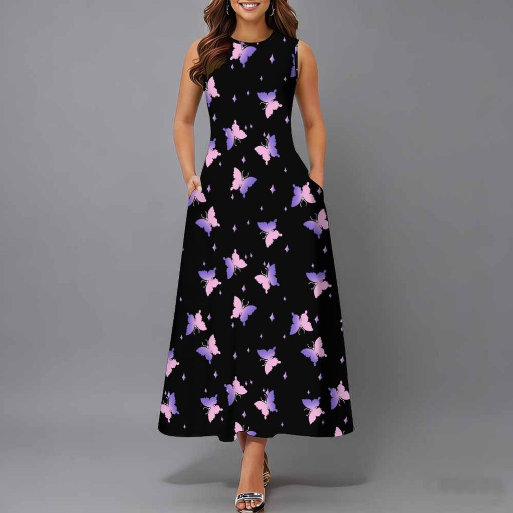Women Oversized Sleeveless Crew Neck Dress Elegant Dense Floral Vines Flowy Calf Length Outfit