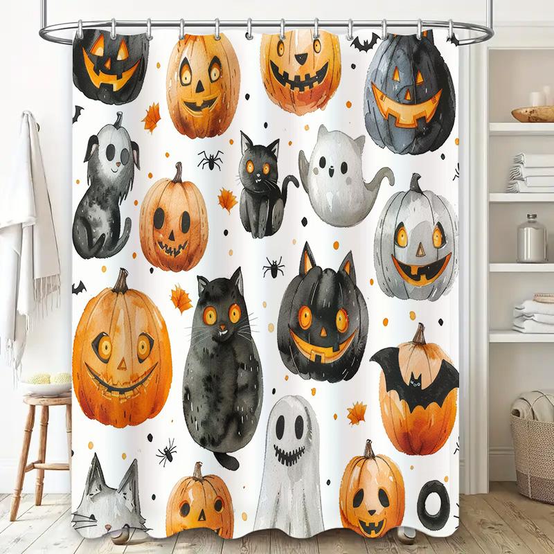 Spooky Halloween Bath Shower Curtain with Pumpkins, Ghosts Cats for Home Decor Black and Orange Color Watercolor Design (Size69x