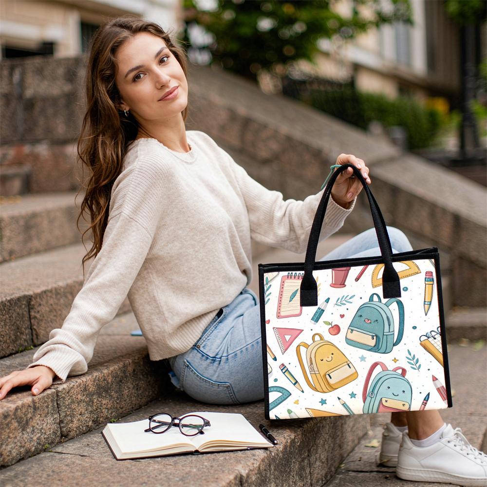 Cute School Pattern Daily Tote Bag Fashion Portable Casual Shoulder Bag for Women Girls Shopping Travel Use