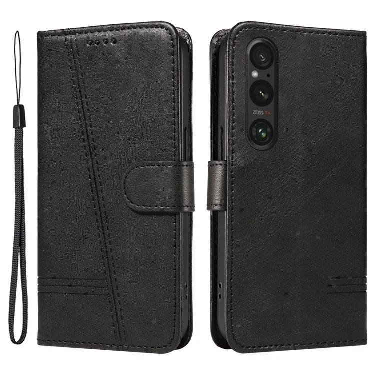 

For Sony Xperia 1 VI Phone Case Wallet PU Leather Cover Lines Imprint - Black