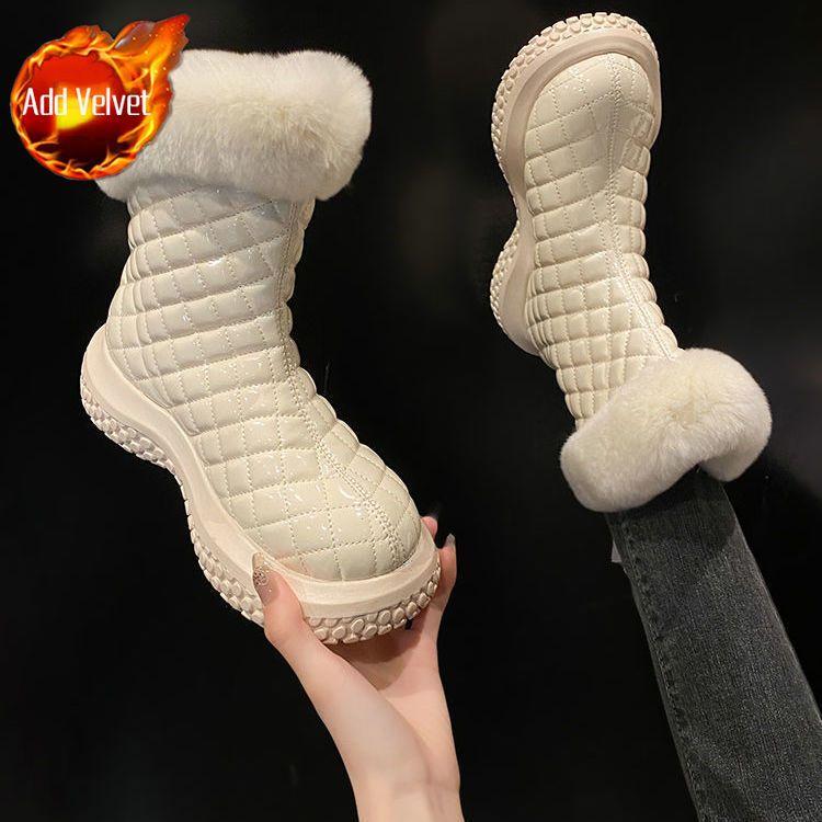 Winter Leather Waterproof Woman Shoes Chunky Round Toe Plush Snow Boots for Women Trend 2025 Boot On Promotion Goth Hot Booties