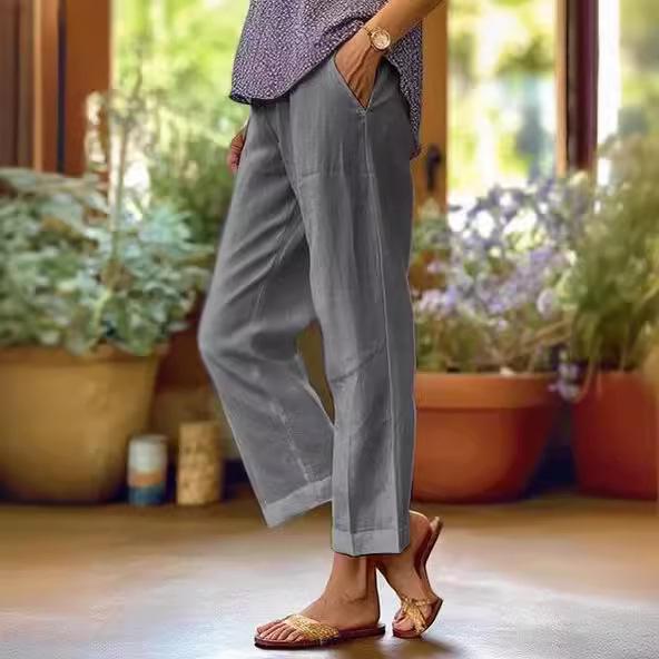 Women's Cotton Linen Trousers Elastic Waist Wide Leg Pants Casual Tracksuit Bottom Joggers