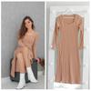 Split Solid Knitted Dress Long Sleeve Khaki Ribbed Casual Women Dresses Midi Ladies Bodycon Dress