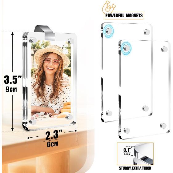 Betus 2 Pack Car Picture Holder, 2.4 x 3.5 Inch Acrylic Magnetic Photo Frame Fits 3'' Photos with Nano Adhesive Clip, Sun Visor Photo Holder for