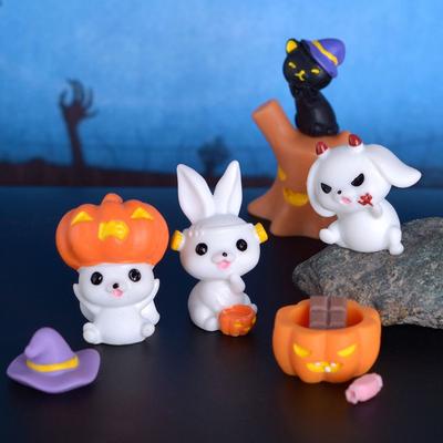 Cartoon Halloween Rabbit Ghost Figurines Pumpkin Black Cat Mini Rabbit Halloween Micro Figurine Resin Craft Cute