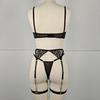 European & American Fashion Metal Chain Embroidered Sheer Bra Lingerie Set with Leg Garter