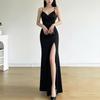 Light luxury niche suspender dress skirt women's V-neck waist and thin split fork long party party temperament celebrity skirt