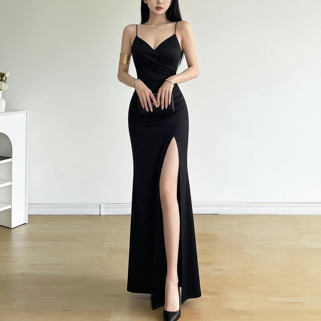 Light luxury niche suspender dress skirt women's V-neck waist and thin split fork long party party temperament celebrity skirt