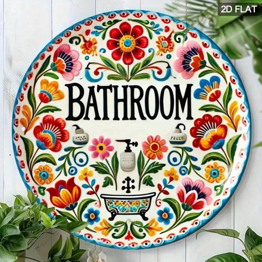 Round Metal Tin Sign for Bathroom Home Wall Decor - Vintage Farmhouse Style Porch Plaque - Spring Holiday Gift