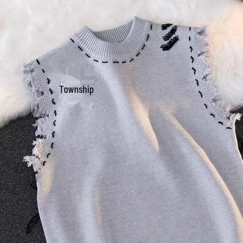 

2023 Осень Мужской Уличный Потертый Необработанный Край Трикотажный Жилет Свитер XL серый