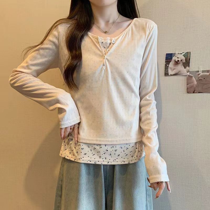 Reiner Wind Spitze Spitze Tief ausgeschnittenes T-Shirt Damen Frühling Urlaub Zwei Bm Blumen Basishemd mit kurzem Oberteil