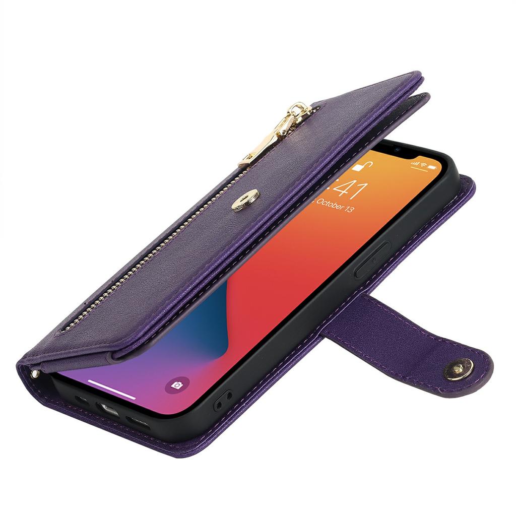 For iPhone 13 mini Stand Case PU Leather Phone Cover with Straps/Zipper Wallet/Multiple Card Slots
