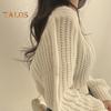 Autumn Winter Knitting Tops Round Neck Puff Long Sleeve Solid Color Loose Fit Casual Top Ribbed Trim Pullover Sweater
