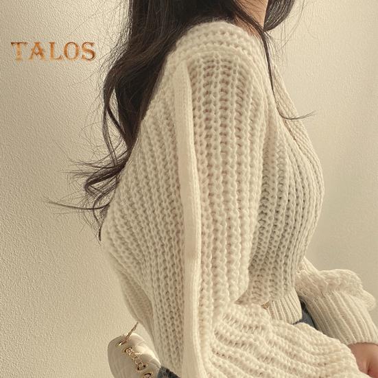Autumn Winter Knitting Tops Round Neck Puff Long Sleeve Solid Color Loose Fit Casual Top Ribbed Trim Pullover Sweater