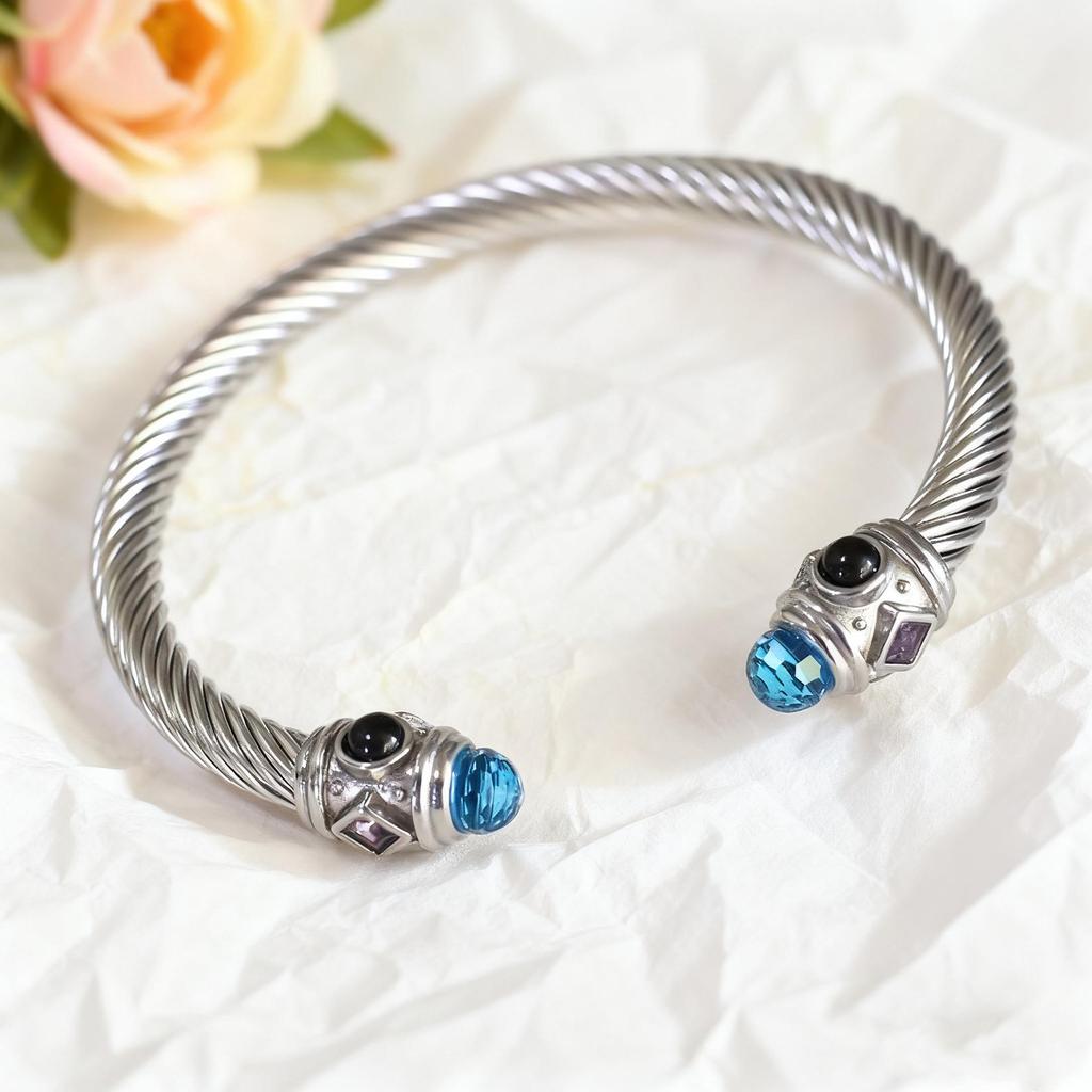 Stylish European-American 18K Gold Stainless Steel Wire Bracelet for Women, Geometric Open Design, Inlaid with Colored Diamonds, Colorfast.