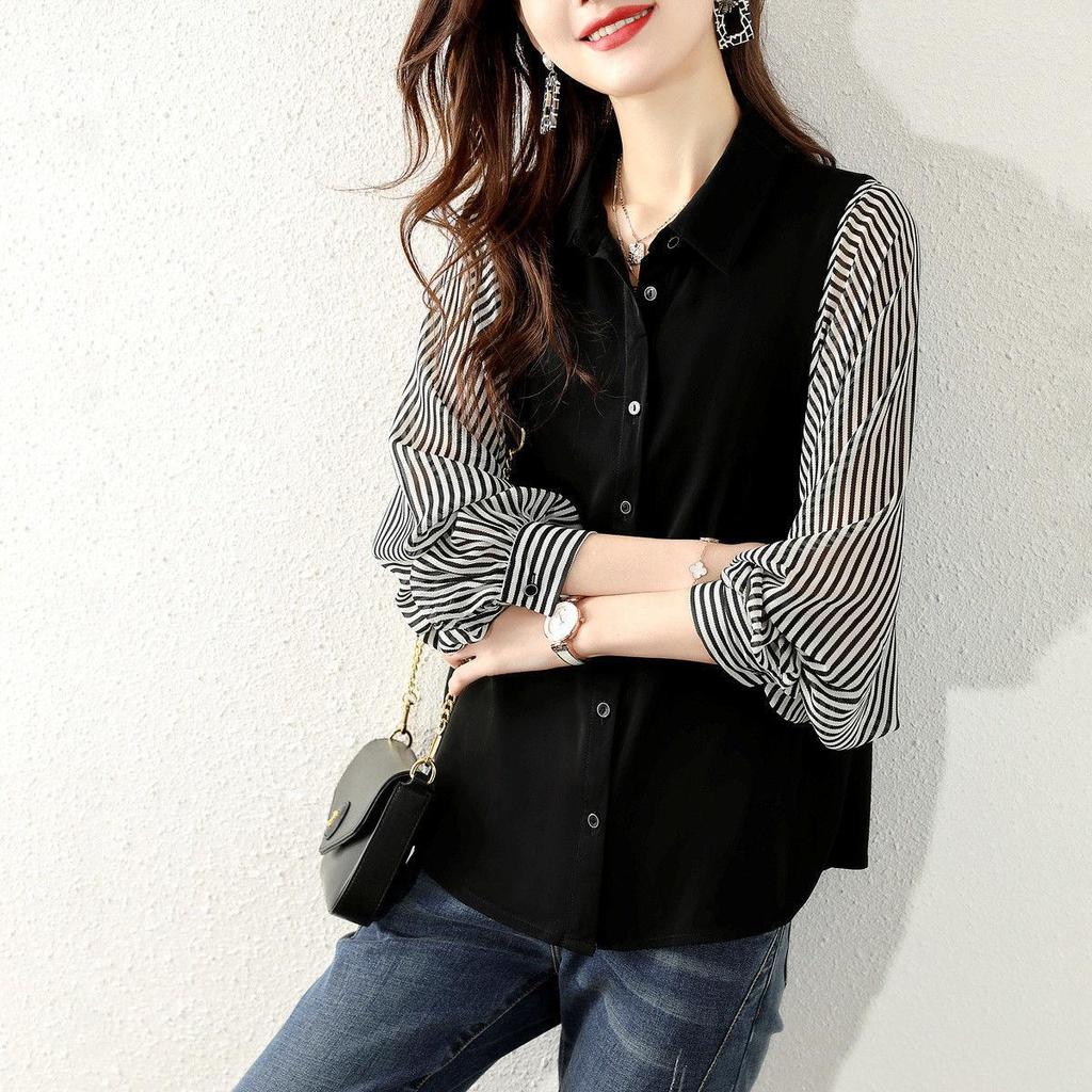 Spring Autumn Fashion Casual Loose Splicing Striped Korean Shirt Women
