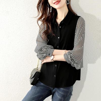 Frühling Herbst Mode Lässig Locker Patchwork Gestreift Koreanisches Hemd Damen