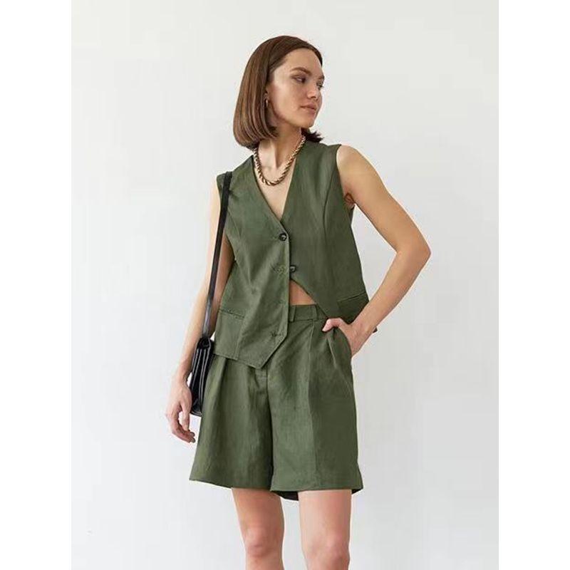 

Летняя мода в западном стиле, повседневный однобортный жилет, комплект жилет и шорты, майка, комплект шорты Green S