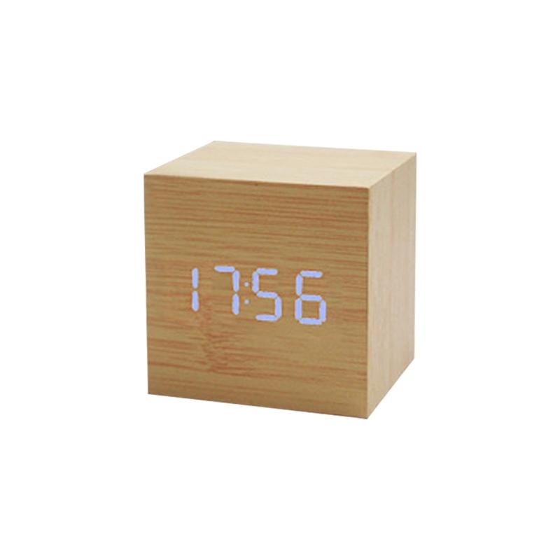 Wood Cube Voice Control Alarm Clock Bedside Table Square Clock Multipurpose for Children Bedroom Dormitory