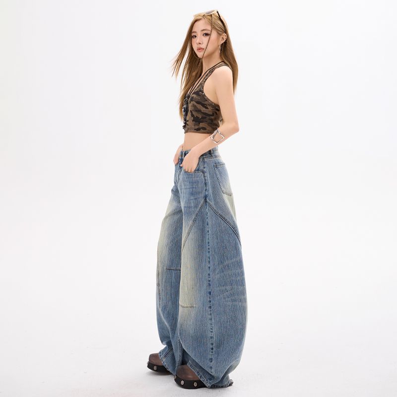 Spring Summer Y2K 3D Cut Slub Saber Cut Denim Pants For Women Casual Pants Oversize Denim Trousers