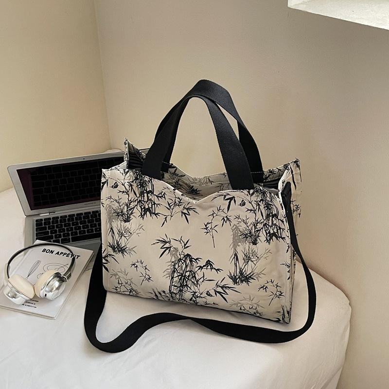 New Chinese Style Handbag Women's New Fashion Bamboo Leaf Printing Oblique Span Shoulder Bag College Student Commuter Tote Bag