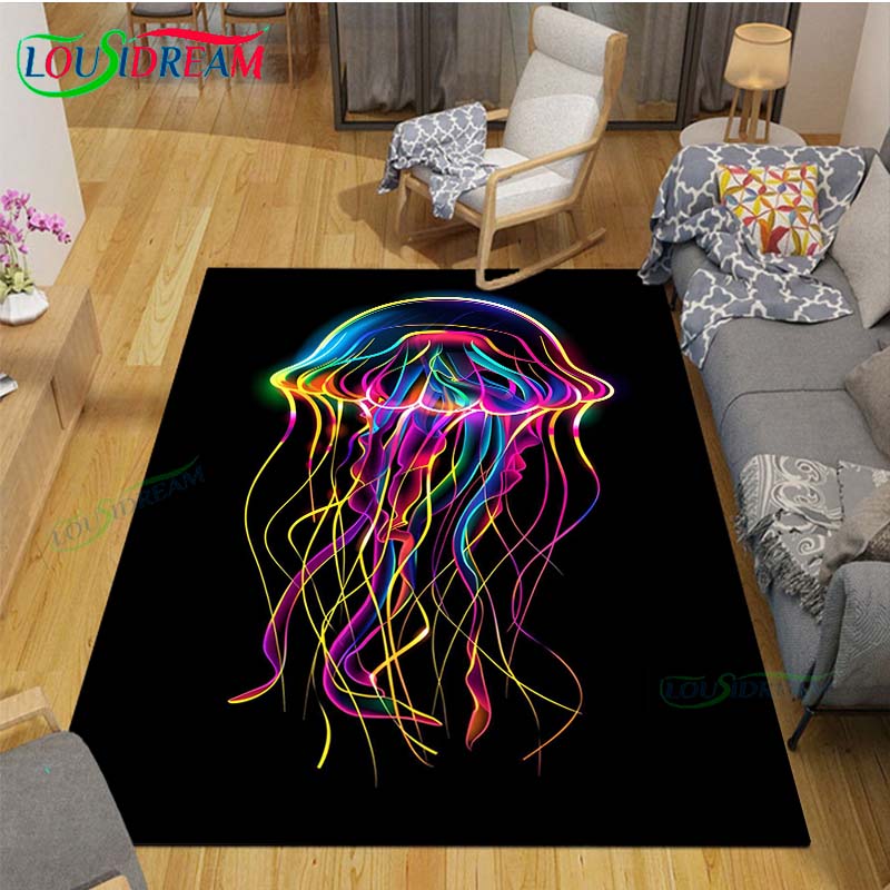 Marine Fish, Sea Turtles, Jellyfish Printed Carpet Outdoor Area Rug Non -slip Carpet Bedroom Decor Carpet for Living Room Gift