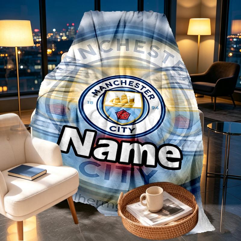 Custom Name Personalized Manchester City FC Print Blankets, Home Decor, Bedroom, Sofa, Camping, Couch, Gifts for Birthday Christmas