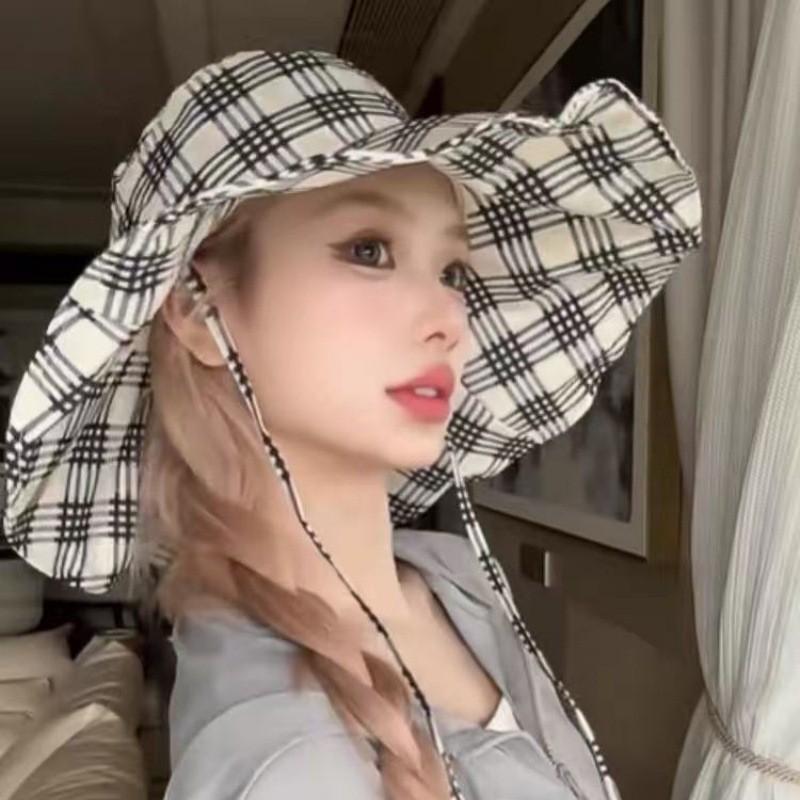 Sun Hat With Wide Brim And Grid Printing Design For Sun Protection Outdoor Casual Summer