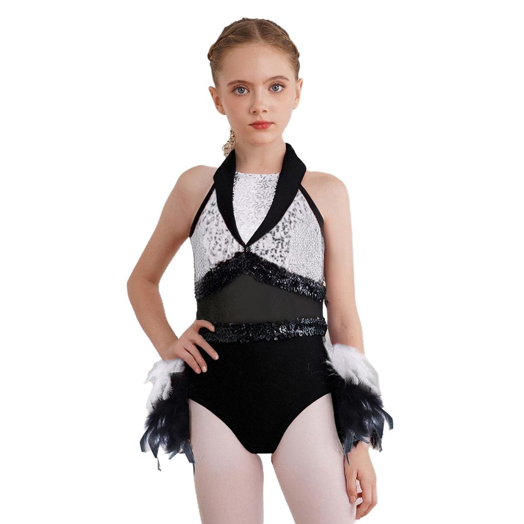 Kids Stage Performance Costume Turn-Down Collar Sleeveless Sheer Mesh Keyhole Back Sequins Leotard