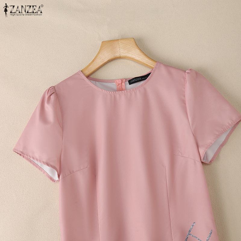 ZANZEA Women Casual Round Neck Summer Short Sleeve Print Dress