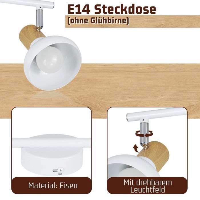 Plafonnier rétro NETTLIFE - 2 spots E14 orientables, design en bois et métal blanc, idéal pour le salon, le couloir et la chambre