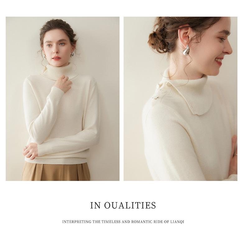 High Collar Buckle Cashmere Women's Loose Slimming Knitted Pullover Sweater