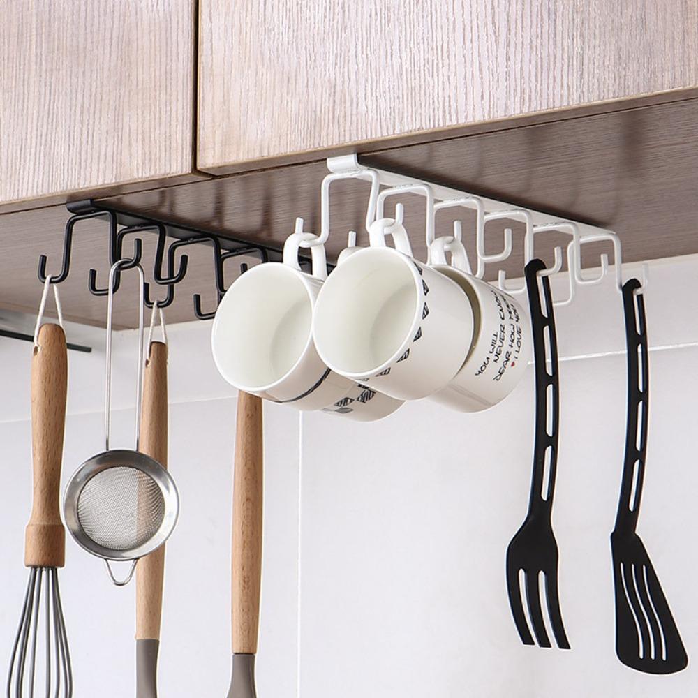 Multifunction Double-row Storage Hook Punch-free Cabinet Metal Shelves Hanging Cup Holder Hooks