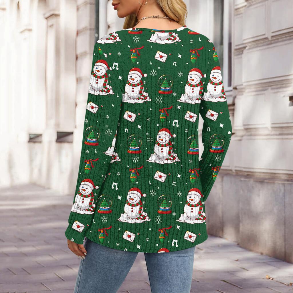 Women's Fashion V-Neck Button-Up T-Shirt With Christmas Print Long-Sleeved Top