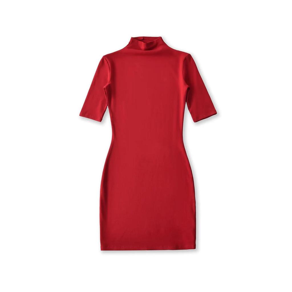 Pure Desire High Neck Slim Fit Mid-Sleeve Dress for Women – Waist-Cinched Hip-Hugging Skirt