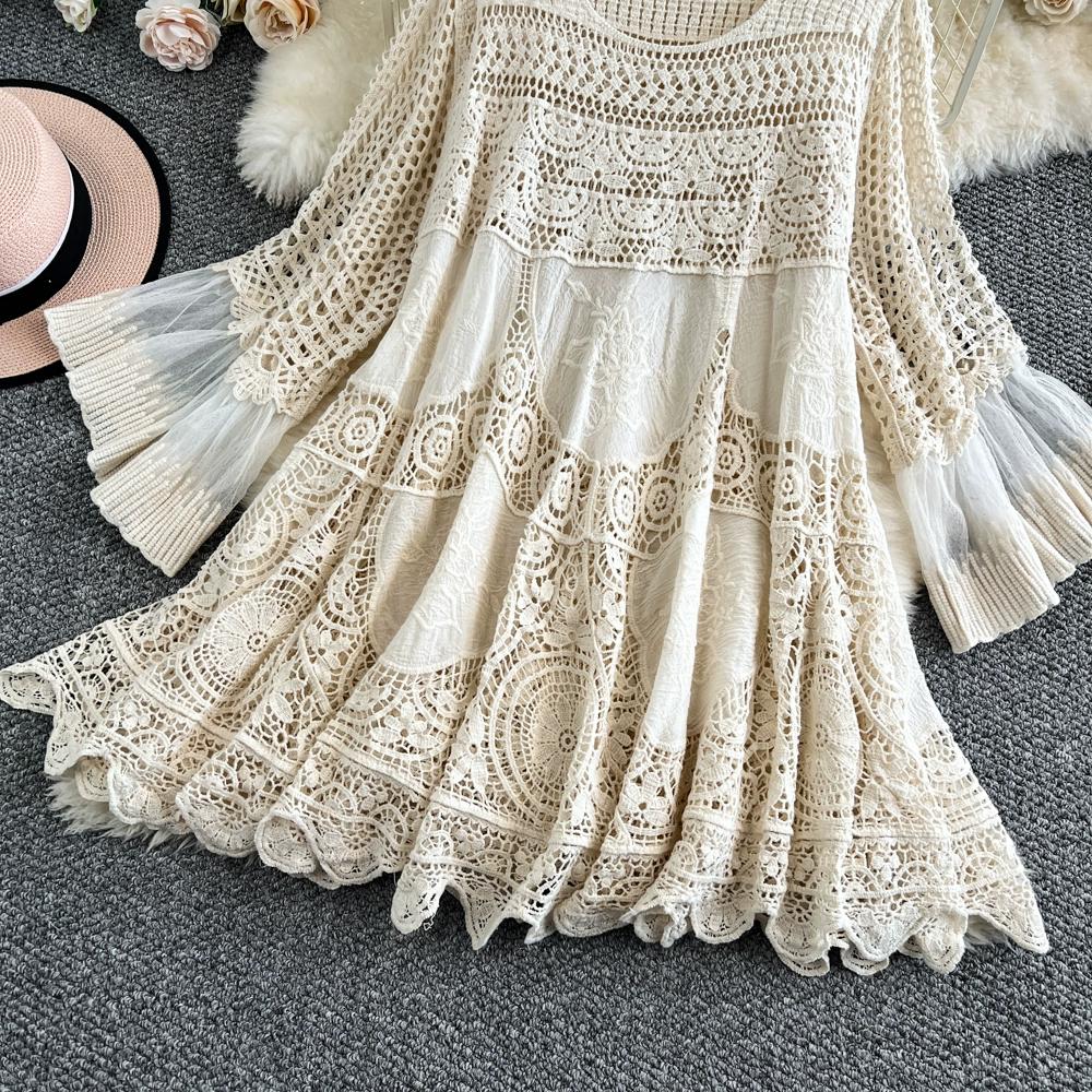 Dimanaf 2025 Neues Sommer Damen Lang Strickkleid Ärmel Mode Spitzenkleider Lässig Locker