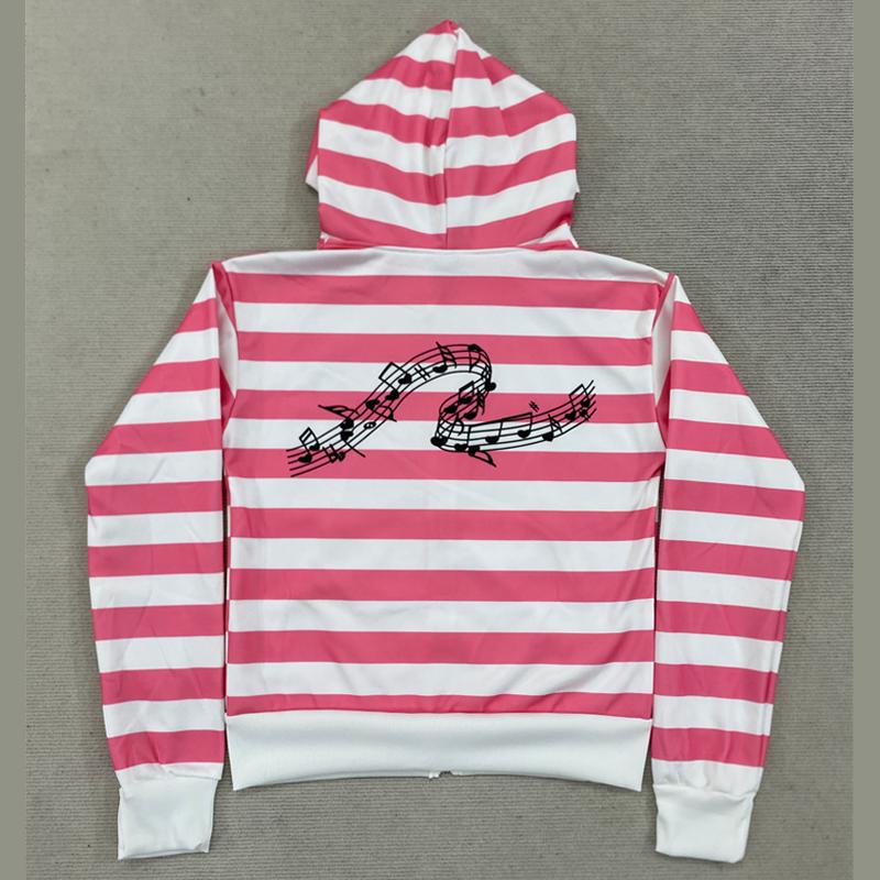 Sudadera con capucha de personalidad callejera europea y americana con estampado retro a bloques de color a rayas y cremallera de manga larga