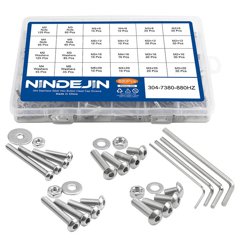NINDEJIN 880pcs Hex Hexagon Socket Screw Assortment Kit M2 M3 M4 M5 Stainless Steel Flat Round Cap Head Bolt and Nut Set