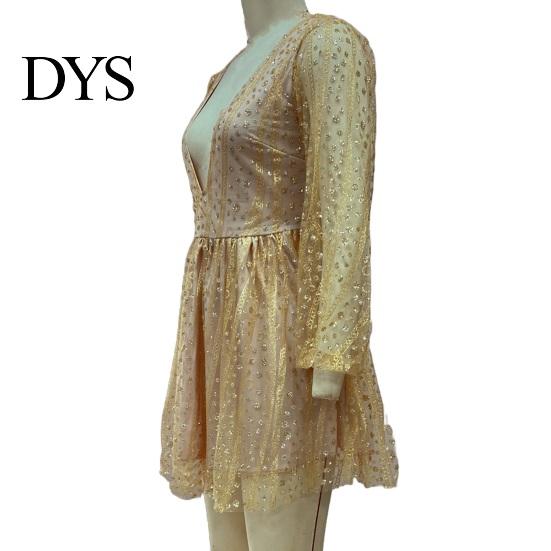 Evening Wear Short Dress Deep V Neck Sequin See-through Mesh A-line Mini Women Long Lantern Sleeves Prom Cocktail Party Sparkling Bead Embellished