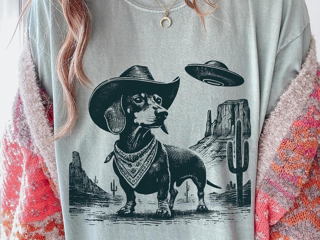 Western Dachshund T-Shirt: Vintage UFO Cowboy Doxie Tee, Ranch Dog Country Style, Doxie Mom or Dad Gift