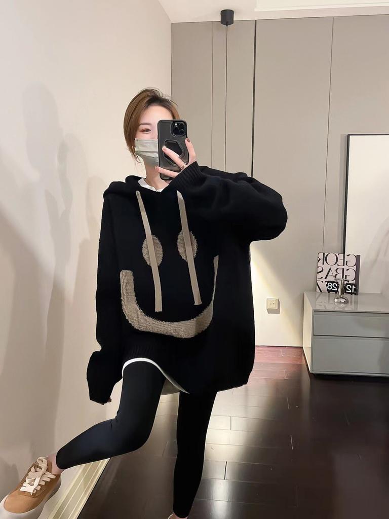 Ladies' Autumn and Winter Elegant and Fashionable Plus Size Casual Knitted Pullover Sweater with Smiling Face Pattern Long Sleeved Hooded Sweater