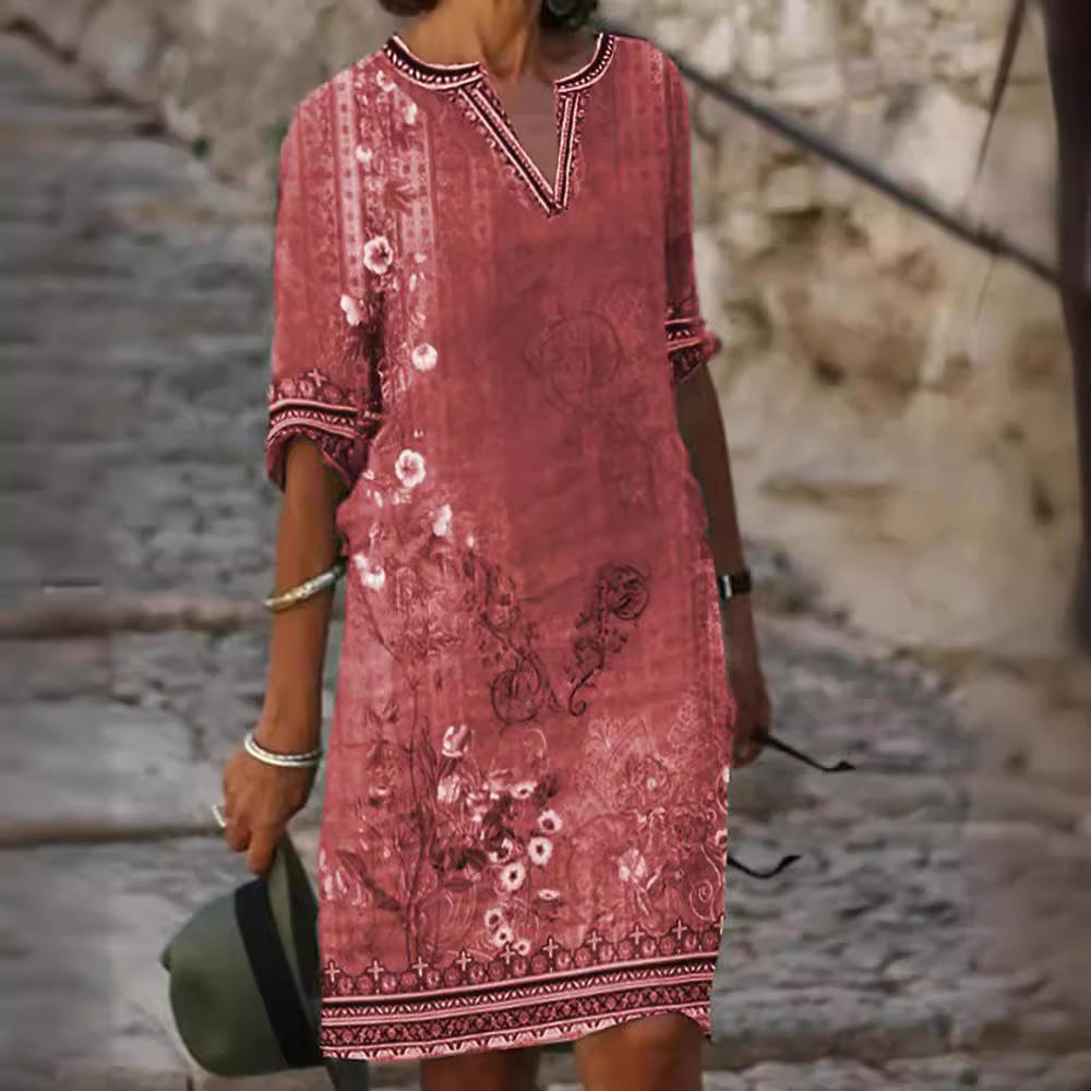 Spring and Summer Women's New Printed V-neck Dress Temperament Commuting