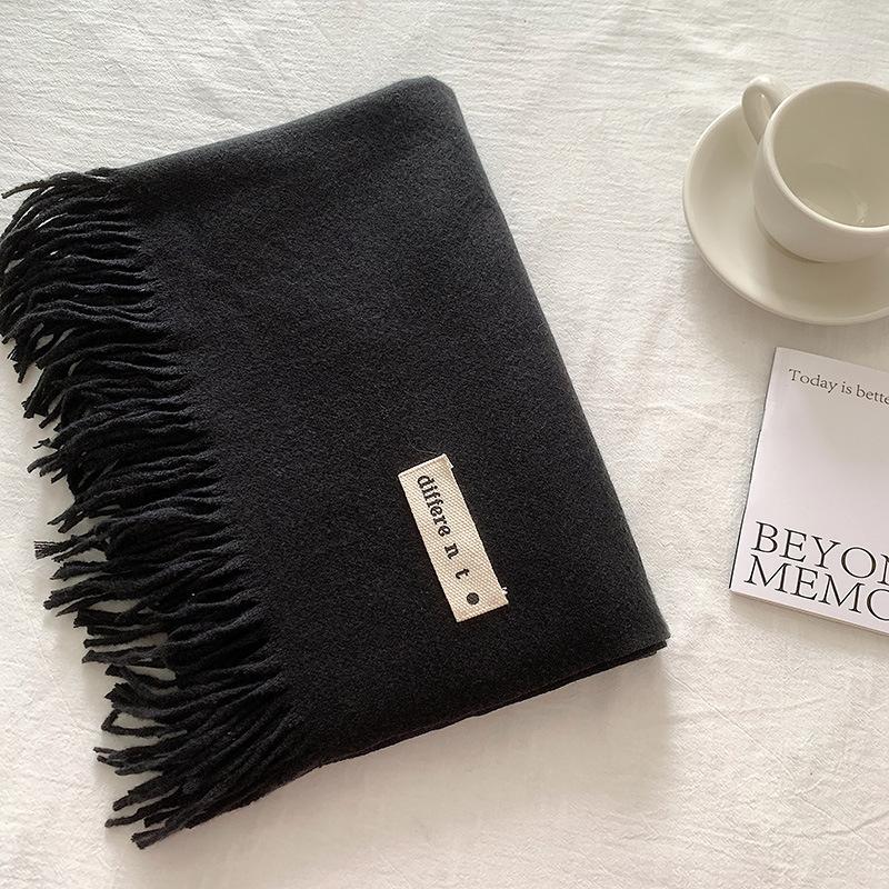 Flowing Fringe, Color-blocked, Simple Design, Faux Cashmere-like Scarf, Winter-thick, Cape-style, Student-friendly, Solid Color.